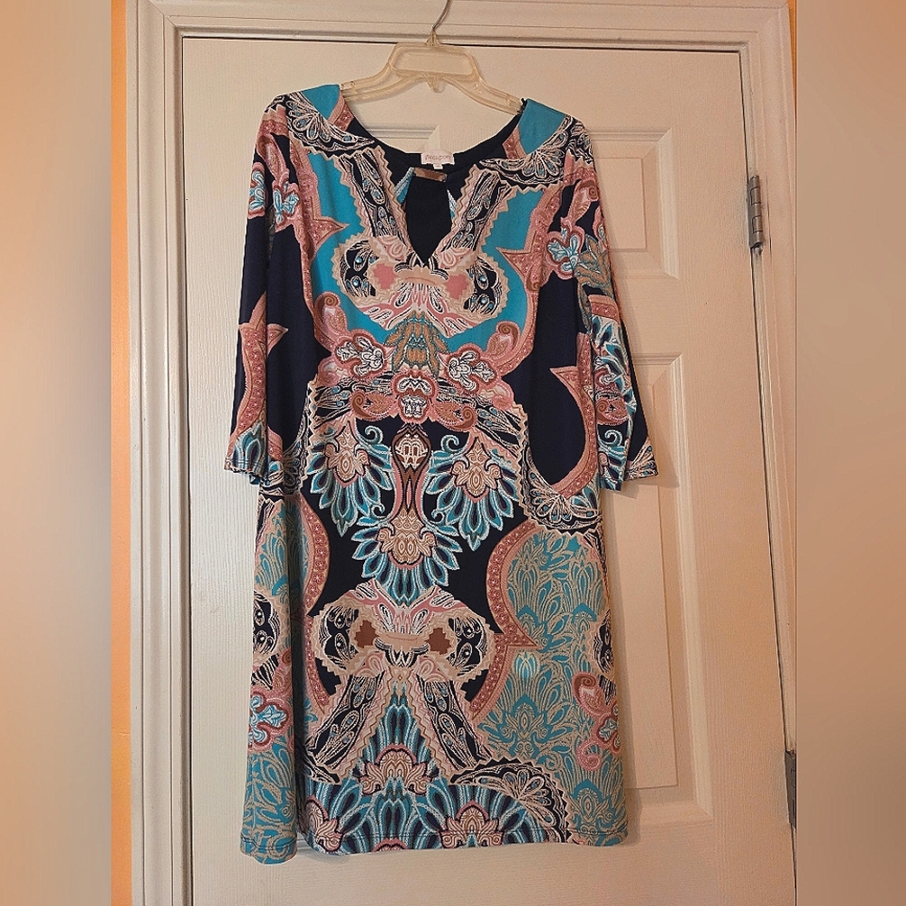 Black and Blue A-line Casual Dress with 3/4 Sleeves